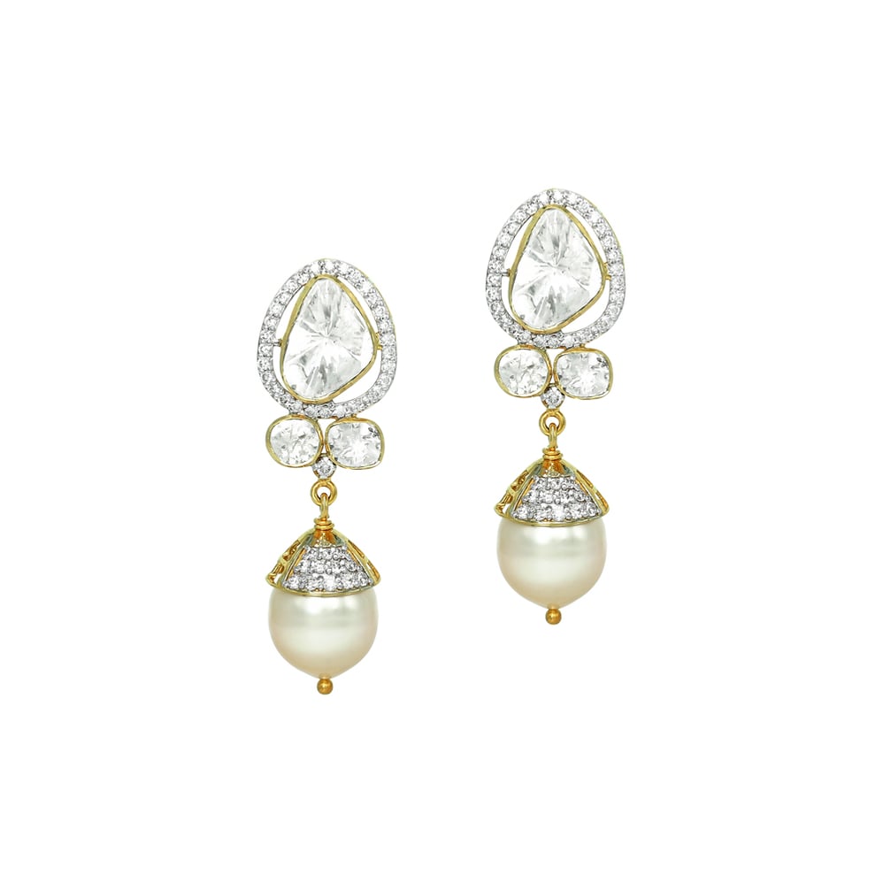 Teardrop Polki Earrings with Diamonds and Pearl Drop